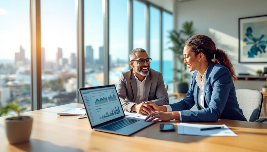 Imagem mostra contadora conversando com empresário sobre como abrir CNPJ em Balneário Camboriú