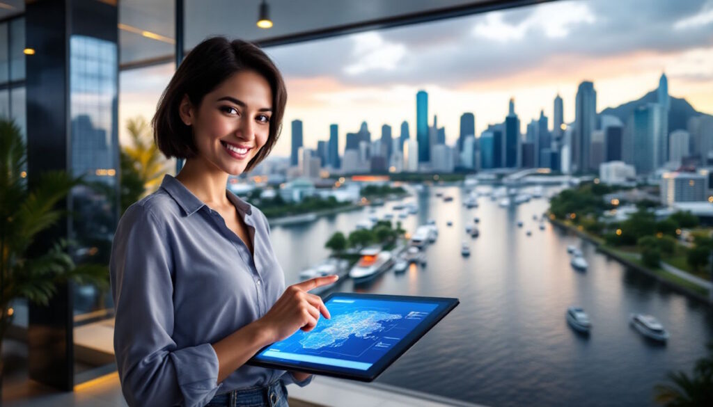 Empresária em seu escritório com a paisagem de Itajaí ao fundo, ilustrando como abrir CNPJ em Itajaí